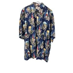 L Men's CAMPIA MODA Vintage Blue Floral Rayon Hawaiian Shirt Beer